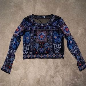 Zara Mesh Embroidered/Beaded Long Sleeve Crop Top